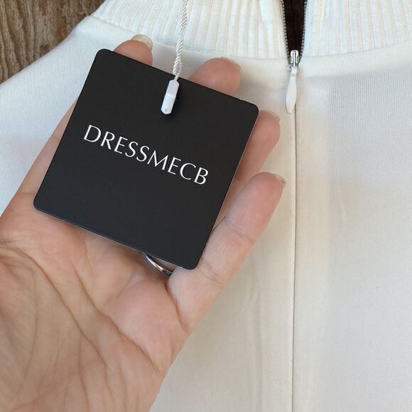 Dressmecb White Ribbed Knit Long Sleeve High Neck Bodycon Bust Panel Dress - Picture 5 of 6